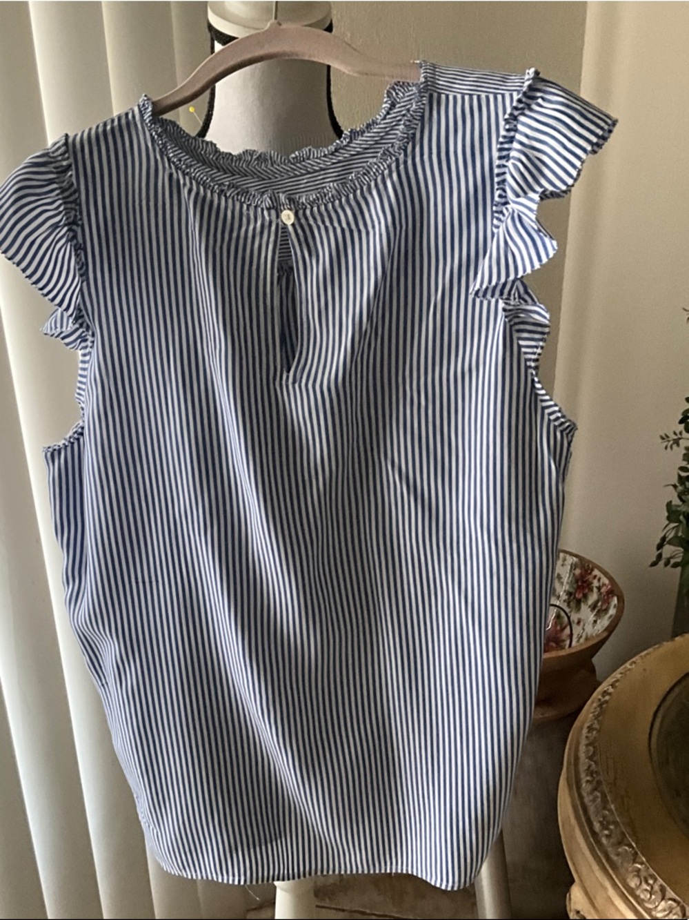 LOFT Blue and White Striped Ruffle Sleeve Blouse - Picture 2 of 4